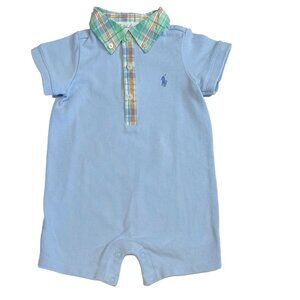 Ralph Lauren - NWOT 6mo light blue romper with plaid collar and placket